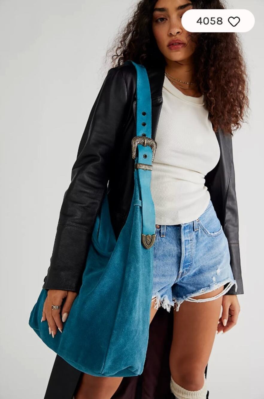 Free People Westbound Suede Tote Slouchy Hobo Shoulder Bag Blue Western Buckle